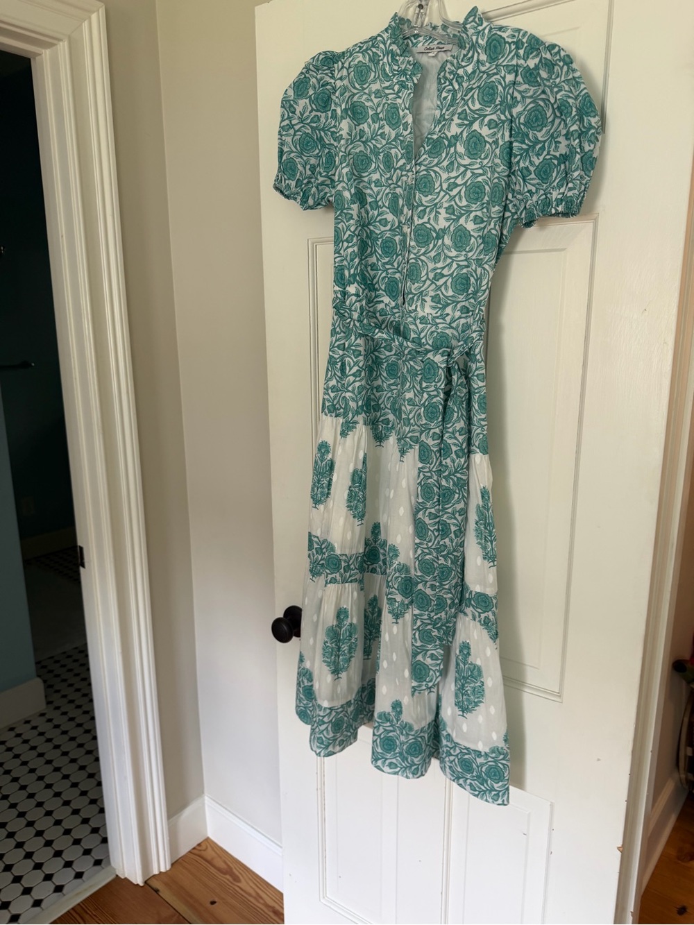 CELINA MOON Teal and White Floral Puff-Sleeve Midi Dress
